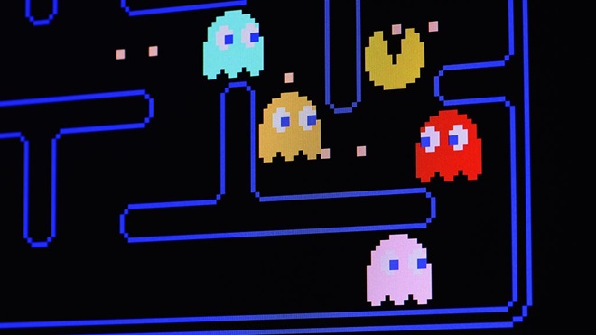 close up of pac man game on screen